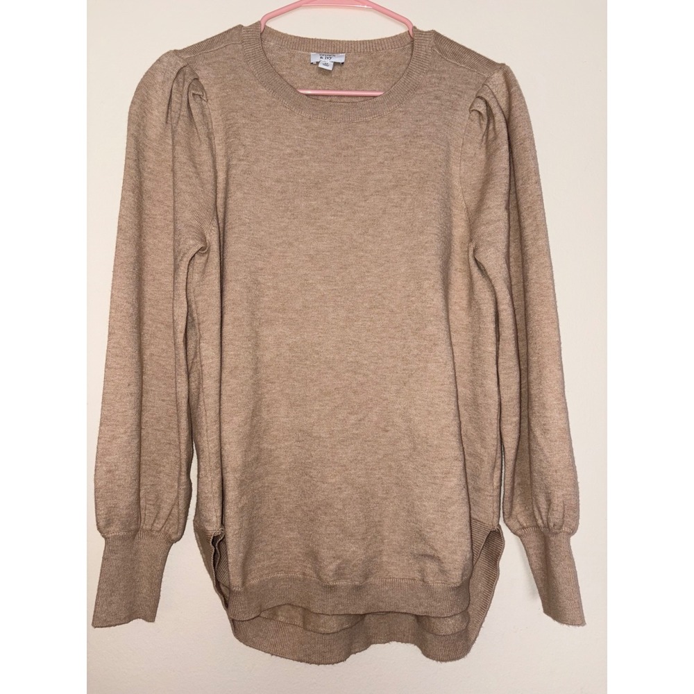 Crown & Ivy Womens Tan Puff Sleeve Crewneck Sweater High Low Hem Size Medium